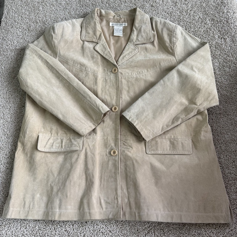 Jessica Holbrook Coat Womens 2X Beige Leather Mid Length Single Breasted Lined